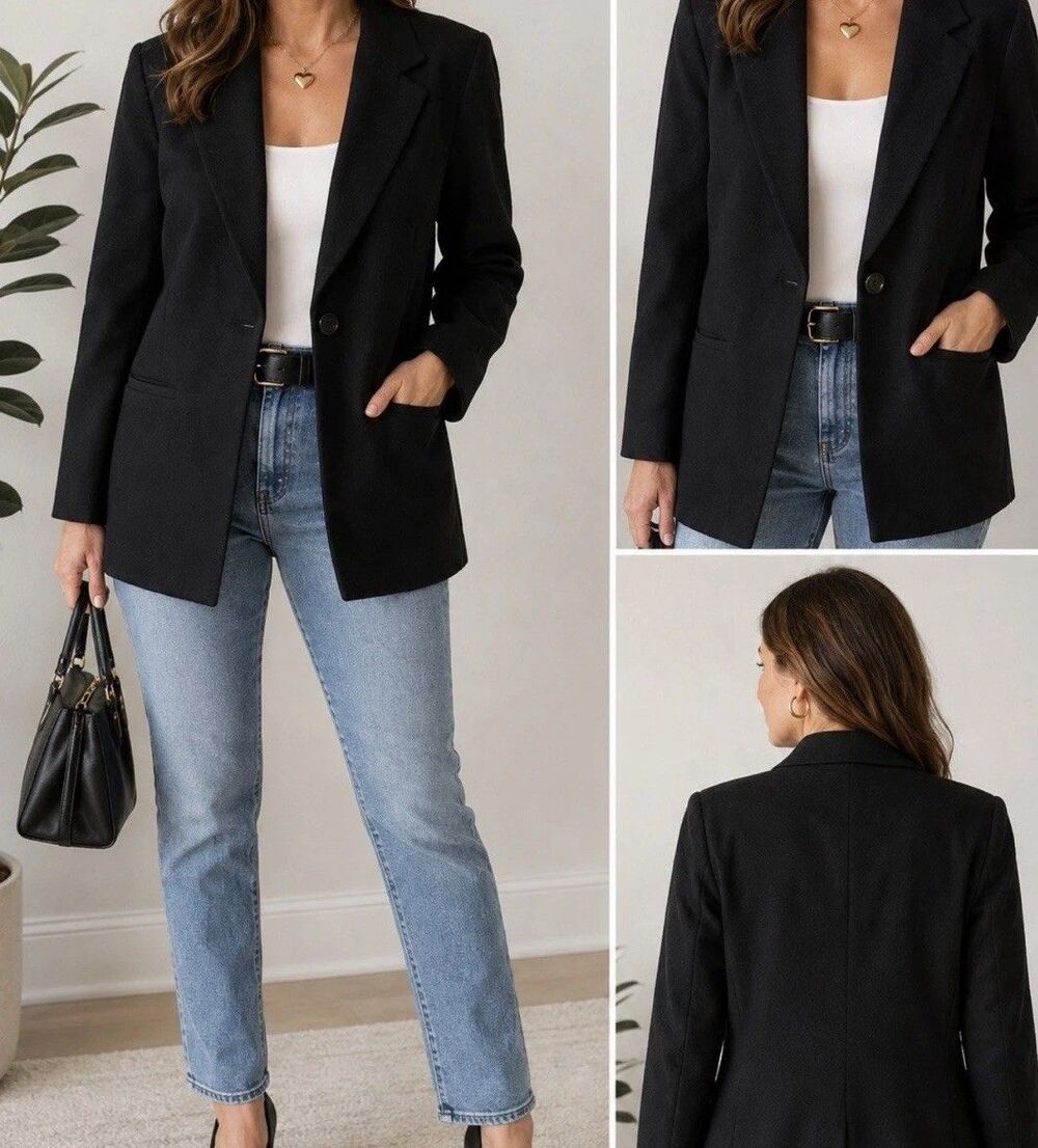 Vintage Dress Barn Womens 10 Black 100% Wool Blazer Woolmark Single Button